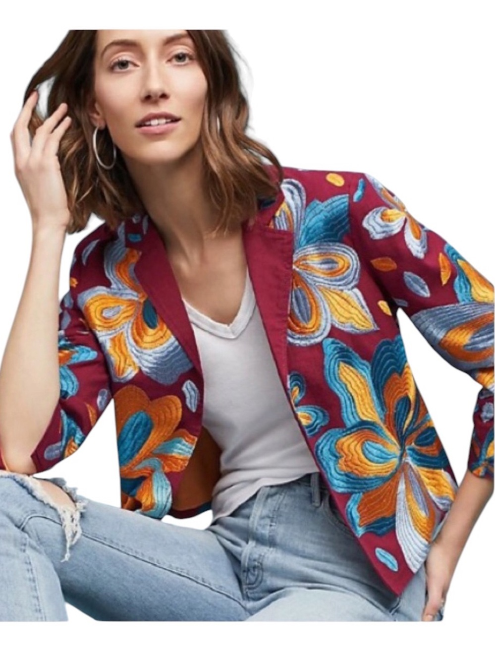 NWT Anthropologie Ett:twa Woodstock Maroon Embroidered Crop Jacket Blazer - XS